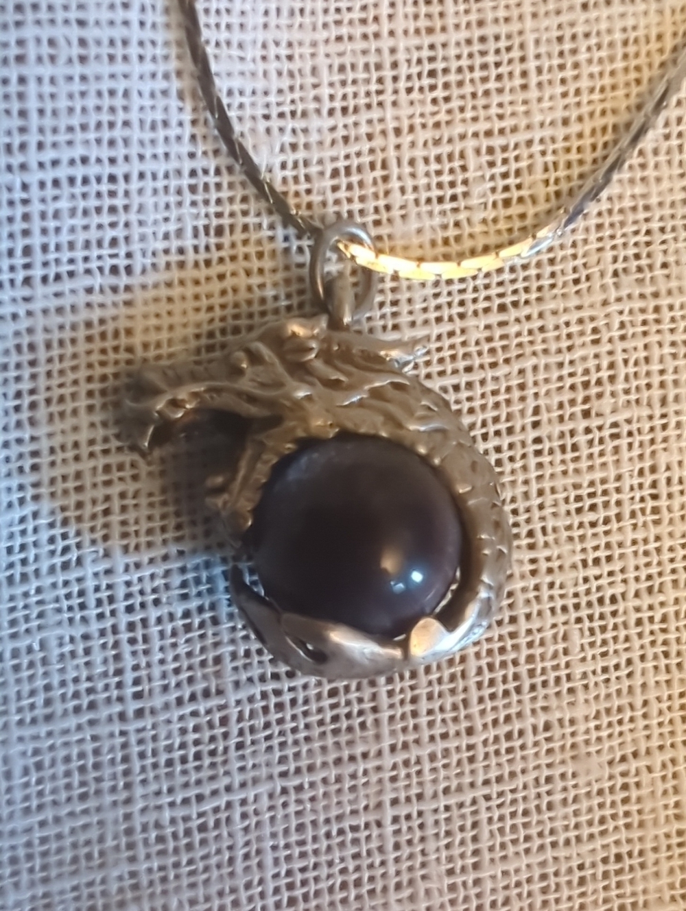 Silver Dragon Orb Pendant Necklace with Dark Purple Stone